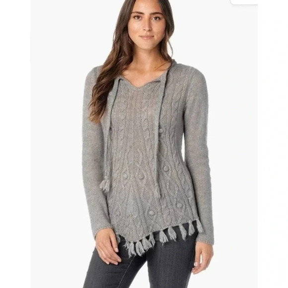 Prana Gray wool blend Cable Knit Wool Blend Fringe knit long sleeve Sweater top - Picture 2 of 10